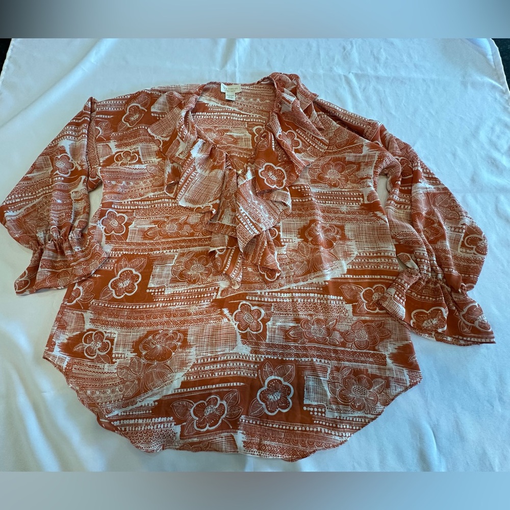 Victoria's Secret Sheer Floral Orange and White Ruffle Blouse Size M/L